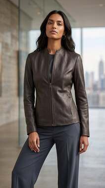 Danier Women's Dark Brown Genuine Leather Collarless Zip-Front Jacket